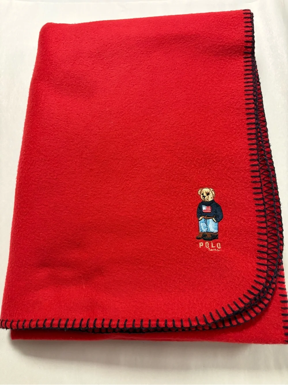 Polo Ralph Lauren Fleece  Polo Bear Red Wool Blanket with Contrast Stitching